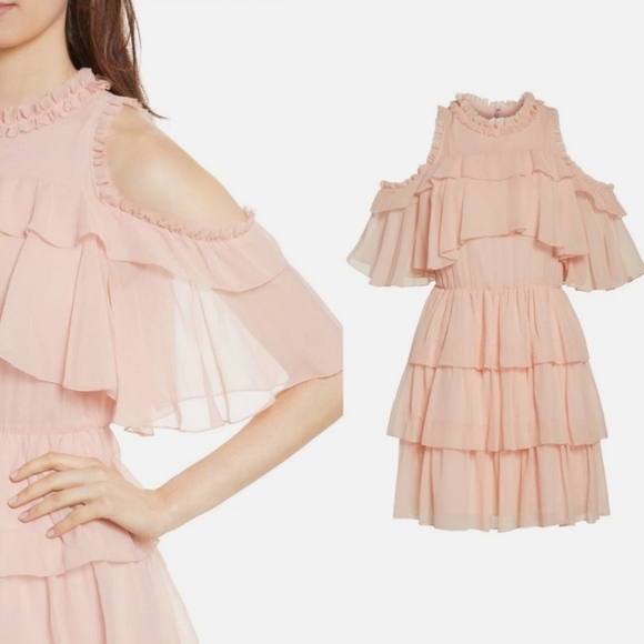 Alice + Olivia Nichola Cold Shoulder Ruffle Tiered Party Dress Blush Pink Size 8 - Picture 3 of 16
